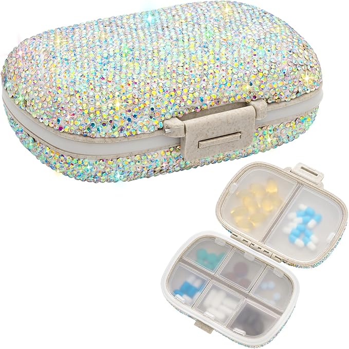Soleebee Portable 8 Compartments Daily Pill Organizer, Bling Crystal Diamond Pill Box, Small Travel Pill Case, Pill Dispenser, Medicine Container Organizer to Hold Vitamin, Fish Oil (AB)
