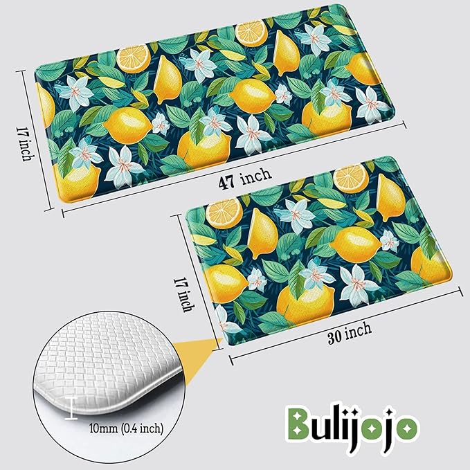 Bulijojo Lemon Anti Fatigue Kitchen Floor Mats Set of 2 Waterproof Kitchen Sink Runner Rug Standing Mat Cushioned Kitchen Rugs Comfort Doormat 17"x47"+17"x28"