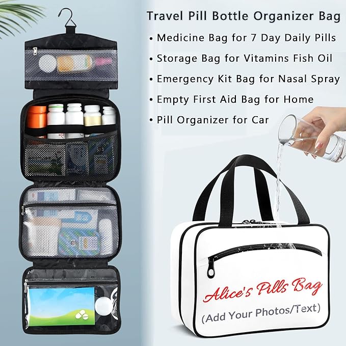 Naanle Custom Pill Organizer Bag with Name Photo Travel Pill Bottle Medicine Organizer Home Storage Medication Bag for Vitamin Supplements, Personalized First Aid Bag for Car Camping
