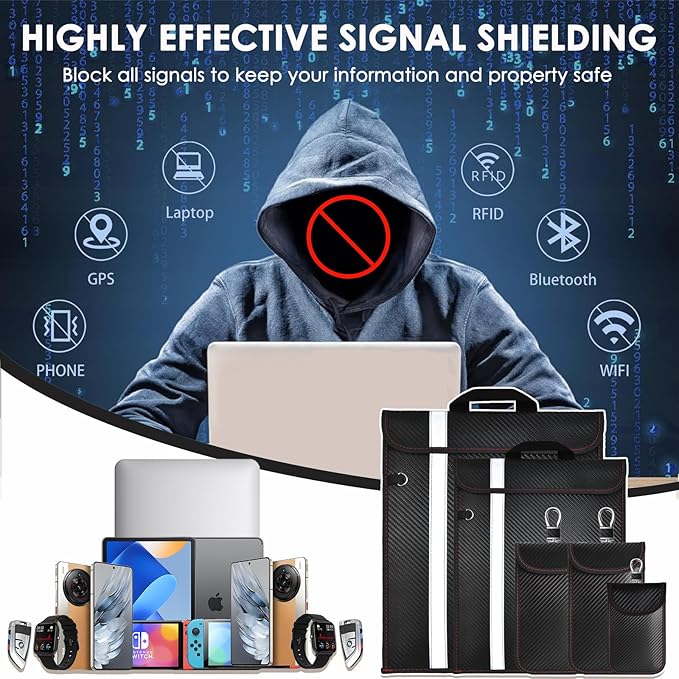 Faraday Bags Emp Protection, Anti-Tracking Bags-5 Pack for Phones & Tablets & Laptops & Car Keys, RFID Faraday Bag Emp Proof, Carbon Fiber Large Faraday Pouch with Handle