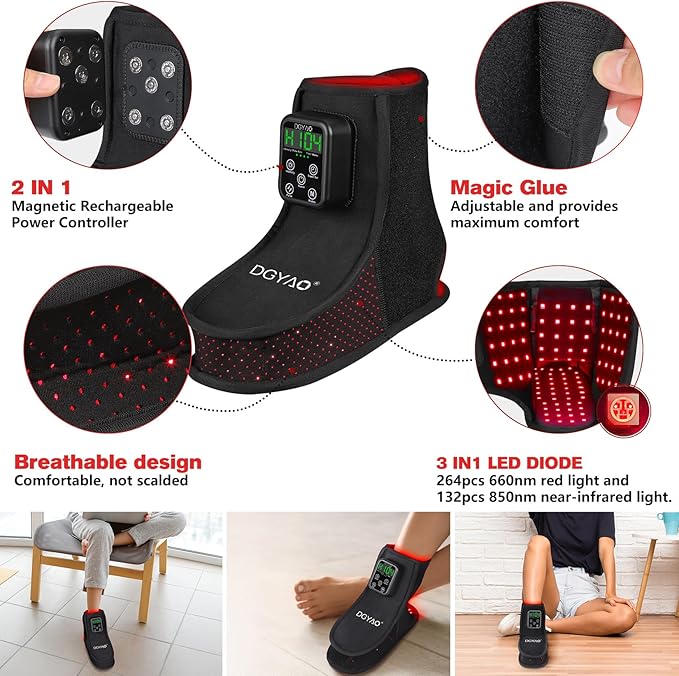 Rechargeable Red Light Therapy Feet Ankle, 132 LEDs 660 nm Red Light and 850 nm Infrared Light Therapy Shoe, with 6000mAh Battery Adjustable Power and Time Controller