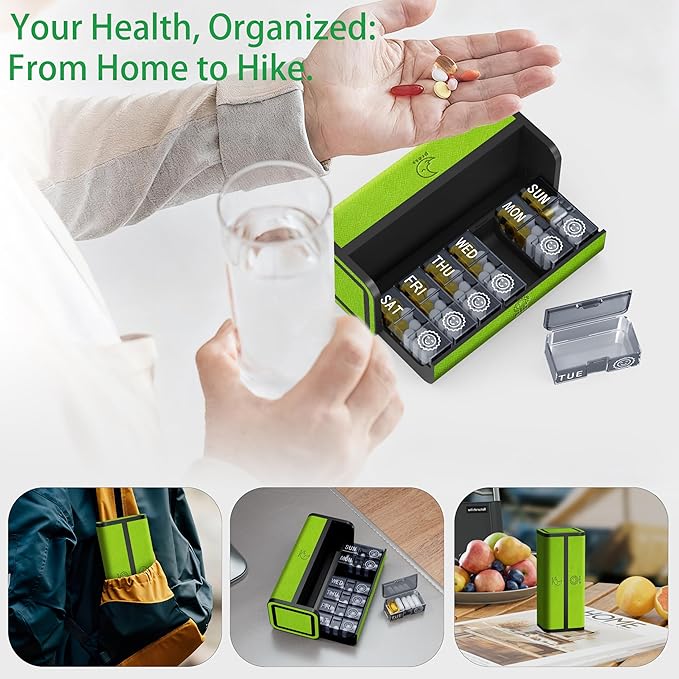 Pill Organizer 7 Day AM PM, Discreet 2 Times a Day Weekly Pill Box with Double Protection Shell, Large Capacity Portable Vitamin Case for Travel Meds & Medicine Organizer (Green)
