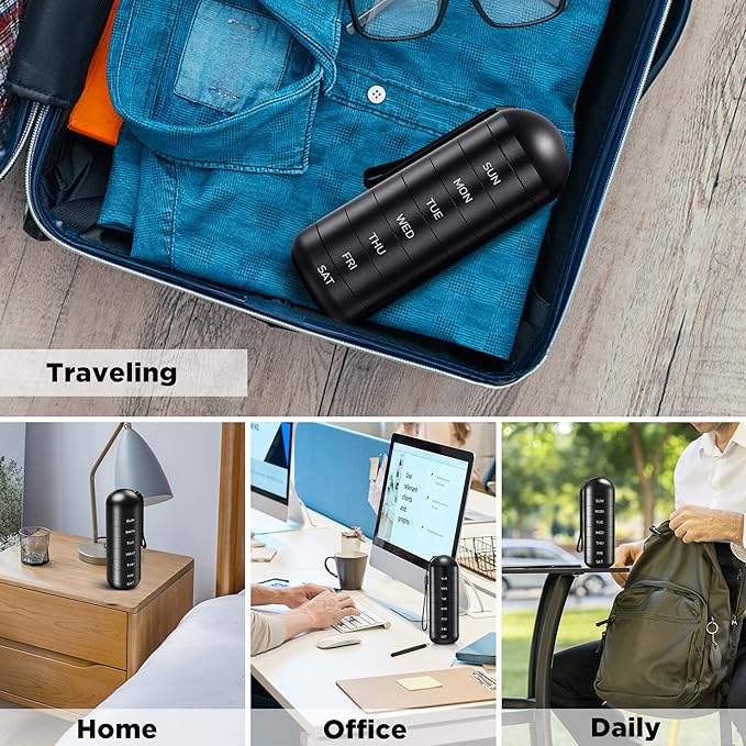Zannaki XL Metal Travel Pill Organizer, Extra Large Waterproof Weekly Pill Box, Aluminum Alloy Pill Case Container, BPA Free 7 Day Daily Medicine Organizer Holder for Vitamin, Fish Oil, Supplement