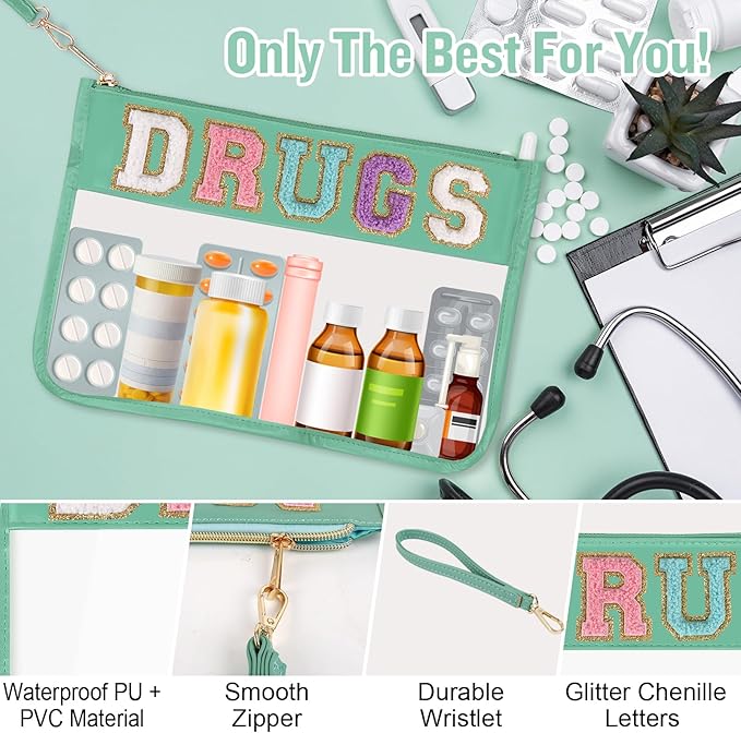 Chenille Letter Clear Bag DRUGS Purse, Monogram PVC & PU Meds Travel Bag Zipper Pouch with Wristlet, Waterproof Portable Glitter Preppy Cosmetic Pouch Toiletry Bag for Women Girls (DRUGS-Green)