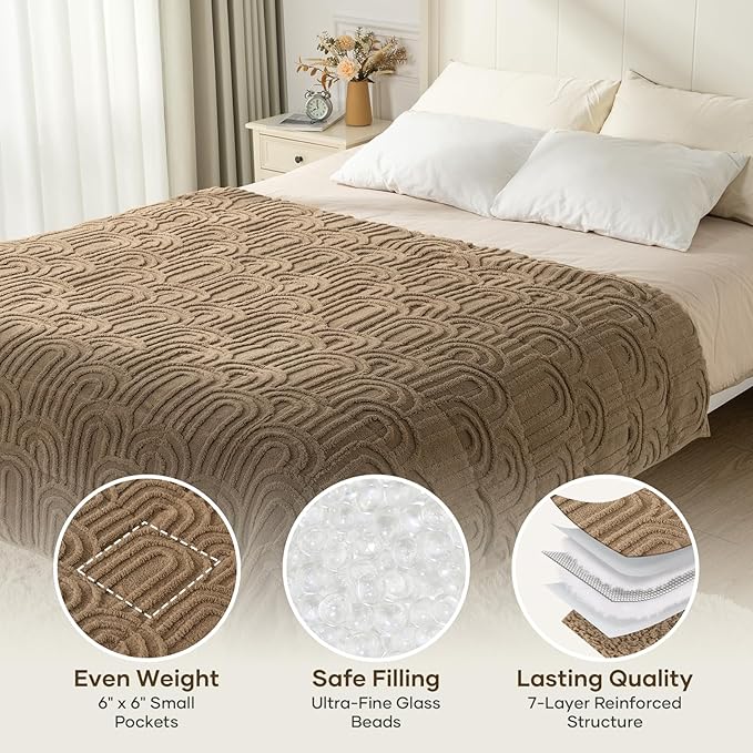 Cottonblue Jacquard Weighted Blanket for Adults 20 lbs Queen Size, Cozy Fluffy Sherpa Fleece Weighted Throw Blankets 60" x 80" for Sleep Relax, Fuzzy Warm Arch Heavy Blanket Soft for Bed Couch, Khaki