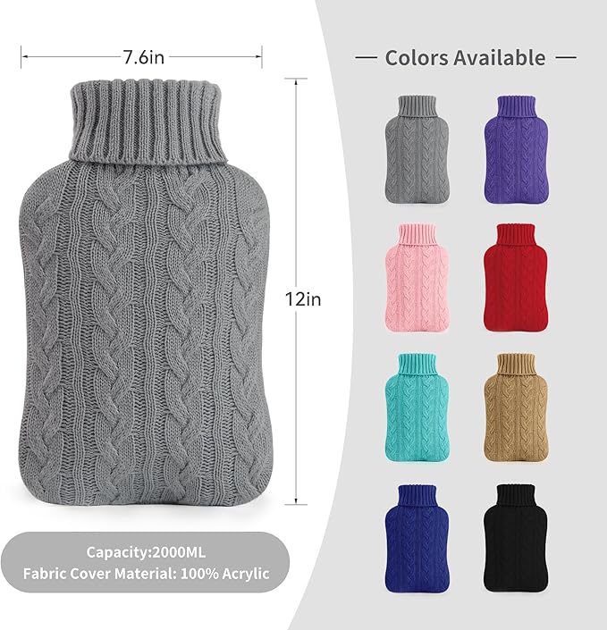 samply Hot Water Bottle with Knitted Cover, 2L Hot Water Bag for Hot and Cold Compress, Hand Feet Warmer, Ideal for Menstrual Cramps, Neck and Shoulder Pain Relief,Grey