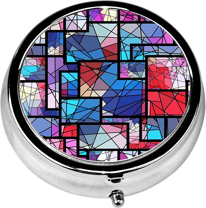 Pill Box, 3 Compartments Small Geometric Pill Case Travel Portable Metal Medicine Box with Mirror Mini Container for Purse Pocket Women Men(Purple Stained Glass)