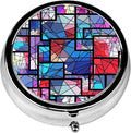 Pill Box, 3 Compartments Small Geometric Pill Case Travel Portable Metal Medicine Box with Mirror Mini Container for Purse Pocket Women Men(Purple Stained Glass)