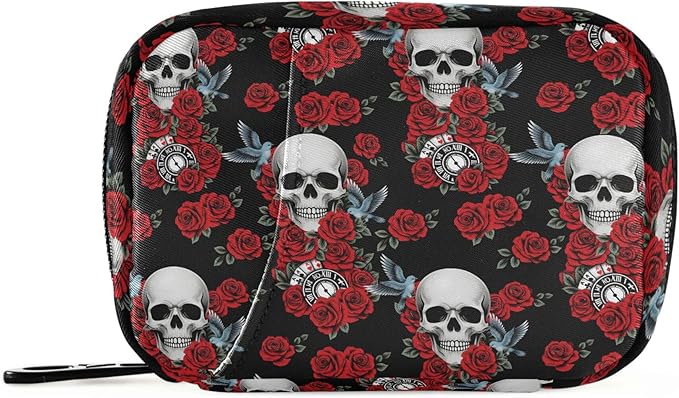 Travel Pill Organizer Bag Weekly Pill Organizer Case Skull Rose Clock Pigeon Portable Small Daily Pill Boxes for Vitamin Fish Oils Supplement Holder with Zipper Compact Size