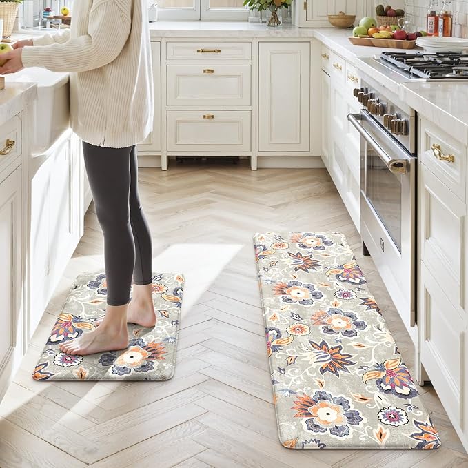 LEEVAN Anti Fatigue Mats for Kitchen Floor 2 Piece,Cushioned Memory Foam Blue Gray Kitchen Mats for Floor,Comfort Floral Boho Non Slip Kitchen Floor Mat for Sink,Laundry(17.3''x29''+17.3''x59'')