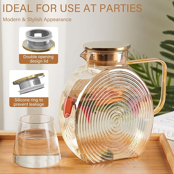 OneDream Glass Pitcher with Lids for Fridge Door, 2.5l/84oz Large Iced Tea Pitcher with Handle, Borosilicate Water Jug for Sun Tea, Fruit Juice, Drinks, Lemonade, Cold or Hot Beverages, Champagne