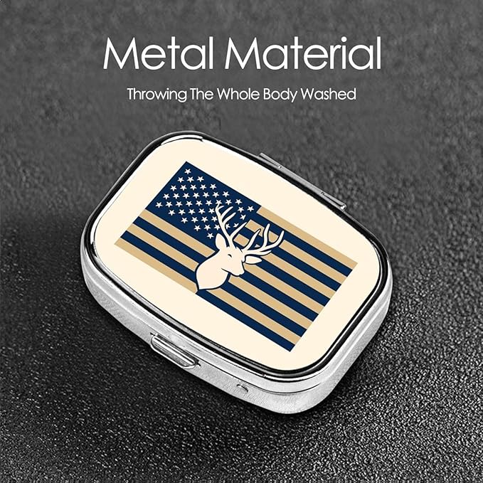 Deer & American Flag Pill Box with Mirror 2 Compartments Square Pill Organizer for Pocket