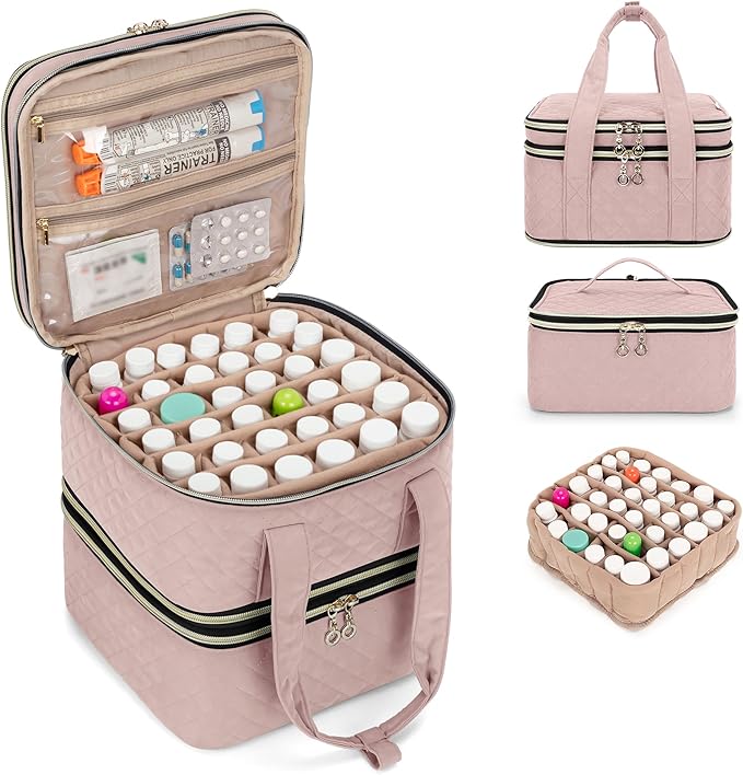Yarwo Pill Bottle Organizer Storage Bag, 3 Layers Medicine Travel Case Empty with Demountable Design and Dividers for Pills, Potions, Vitamins and Emergency First Aid Supplies, Dusty Rose (PATENTED)