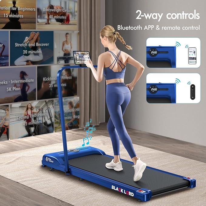 BLACK LORD Walking Pad with Handle Bar, 2.7 HP Quiet Foldable Under Desk Treadmill with Bluetooth Speaker, Portable Running Treadmills for Home, LED Display, App/Remote Control, 330 lbs Capacity