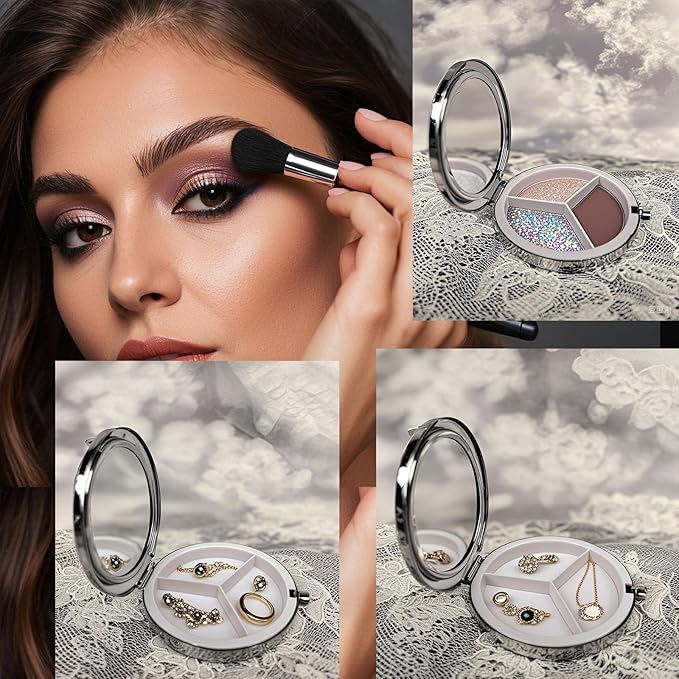 Leimandy Diameter 7cm Pill Case Pill Box with Mirror Retro 3 Compartment Pill Box Compact Mirror Moisture Proof Pill Case Travel Size Pill Case 7 Day Birthday Gift Mother's Day Gift L3 (Pink Tulip)