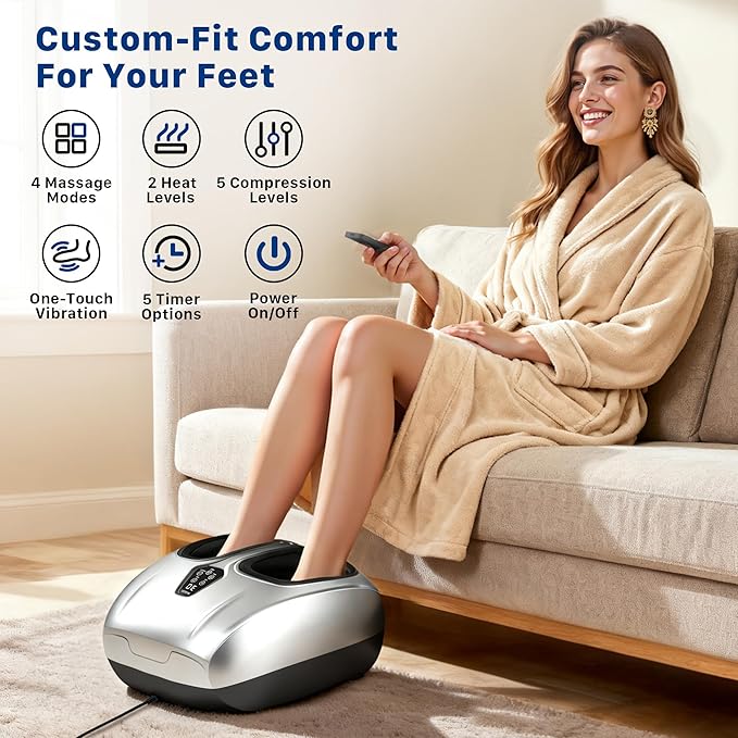 Shiatsu Foot Massager with Heat : 2026 Upgraded Deep Kneading Foot Massager Machine with Vibration & Compression for Plantar Fasciitis & Neuropathy - Relax for Office Home Use, Silver