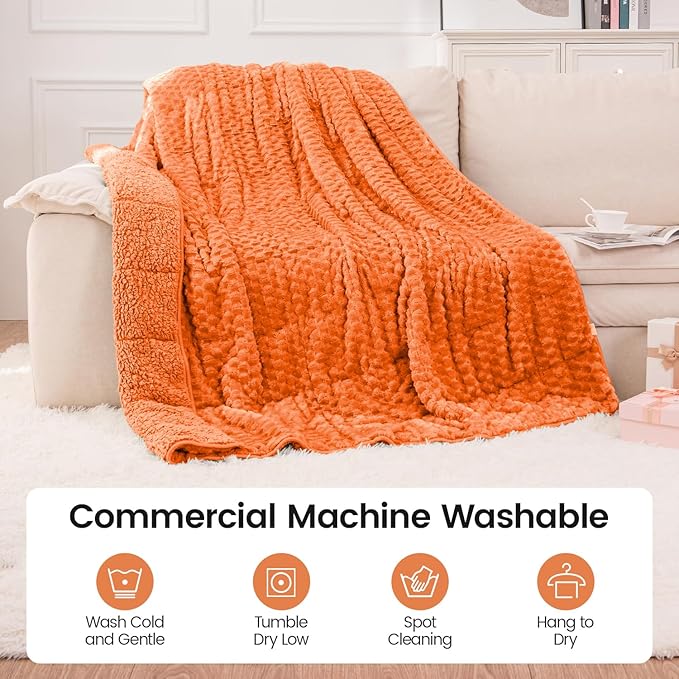 Super Fuzzy Soft Fleece Sherpa Weighted Blanket 15 lbs for Adults, 3D Imitation Turtle Shell Luxury Weighted Throw for Better Sleep, Dual Sided Cozy Heavy Blankets for Couch Bed, Orange, 60" x 80"