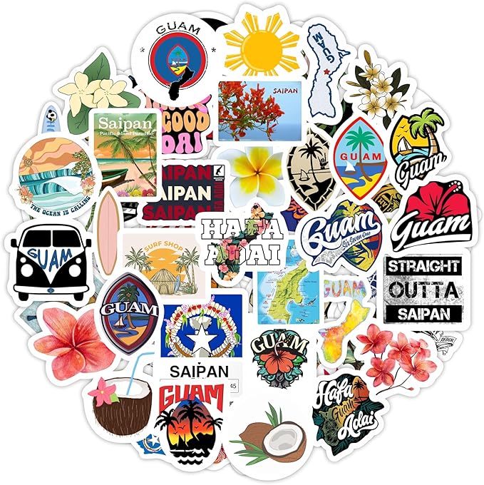 BulbaCraft 100Pcs Guam Stickers and Saipan Stickers for Water Bottle and Laptop - Saipan Party Supplies & Decorations, Waterproof Vinyl Decals, Gifts for Women & Men