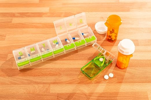 EZY DOSE Weekly (7-Day) AM/PM Daily Pill Organizer, Vitamin Case, and Medicine Container, X-Large Compartments, Arthritis Friendly, Convenient with Effortless Portability, Clear/Green Lids, BPA Free
