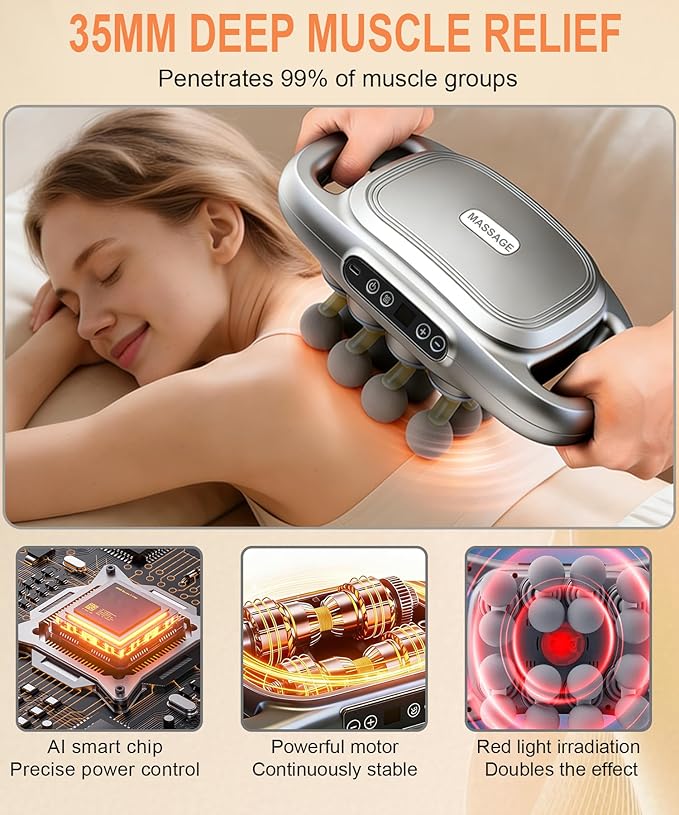 16 Head Massage Gun Set,Deep Tissue Percussion Massager with 9 Modes&Levels,Red Light Therapy,Electric Portable Muscle Massager for Back,Shoulders,Legs,Waists Muscle Pain Relief