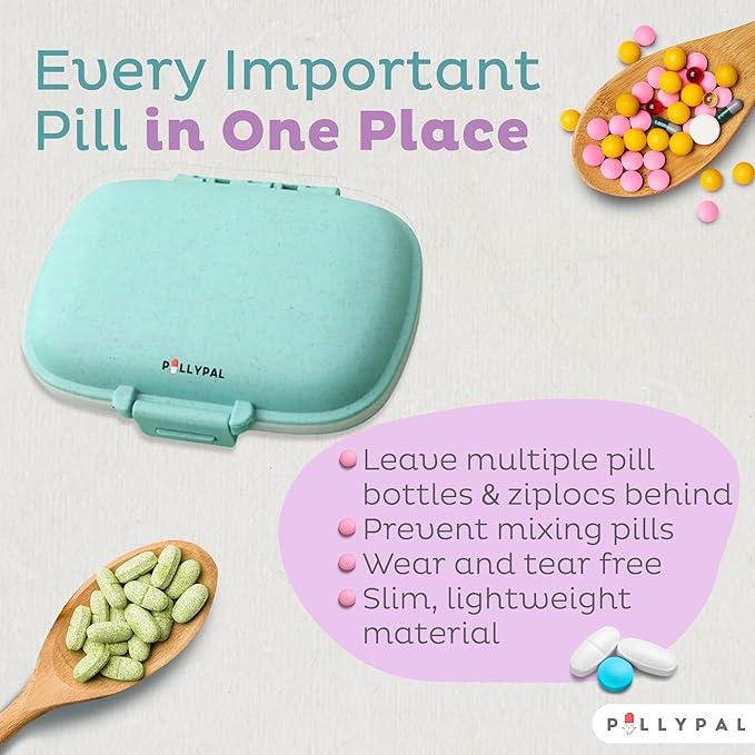 V2 Portable Travel Pill Organizer Holder with Stickers - 8 Slot Durable Compact Case to Organize Meds, Pills, Medicine, Prescriptions, Health Vitamins, Jewelry, Travel Essentials - Gray
