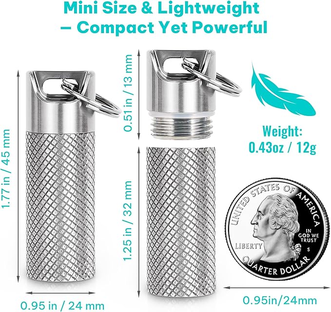 100% Waterproof Titanium Pill Box Keychain - TSA Approved, Strong and Heat Resistant, Travel Friendly | Fashion Necklace Design, Ultra Light and Compact with Extra Sealing Ring
