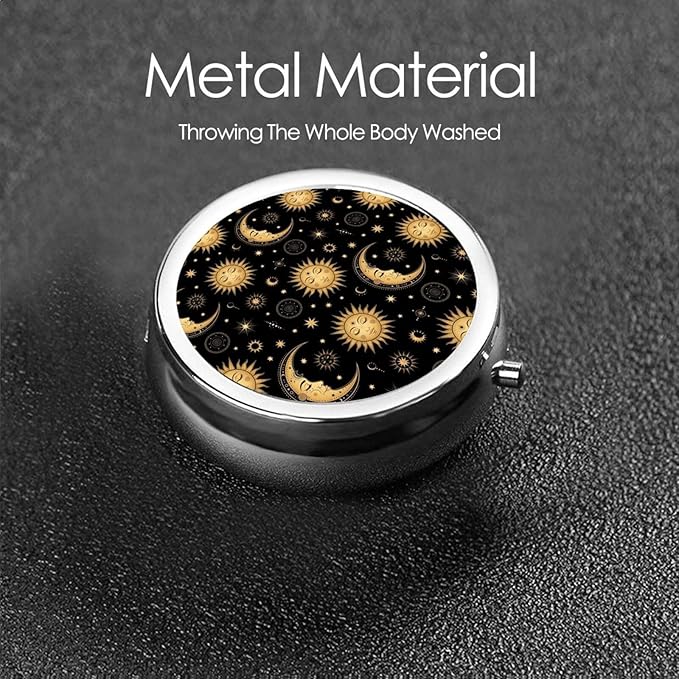 Small Pill Box, Waterproof Portable Daily Small Pill Case for Purses Pocket Compact Travel Medicine Holder for Vitamins,Fish Oils, Supplements, Sun Crescent Moon Stars Astrology Tarot Cards