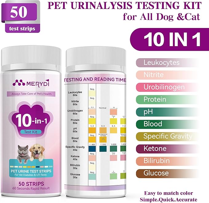 Dog & Cat Urine Test Strips, 10 Way Pet Urinalysis Testing Kit for Ketone, Glucose, pH and Nitrite, Reagent Strips
