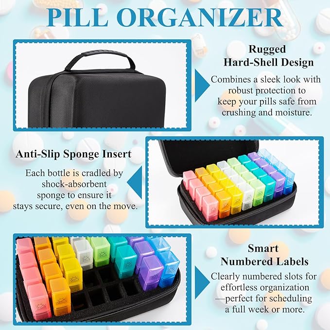 Monthly Pill Box Organizer 3 Times a Day, Travel Medicine Organizing Bag with Portable Hard Shell, Medical Supplies with 32 Daily Compartments, Pill Holder for Vitamin, Fish Oil, Supplements