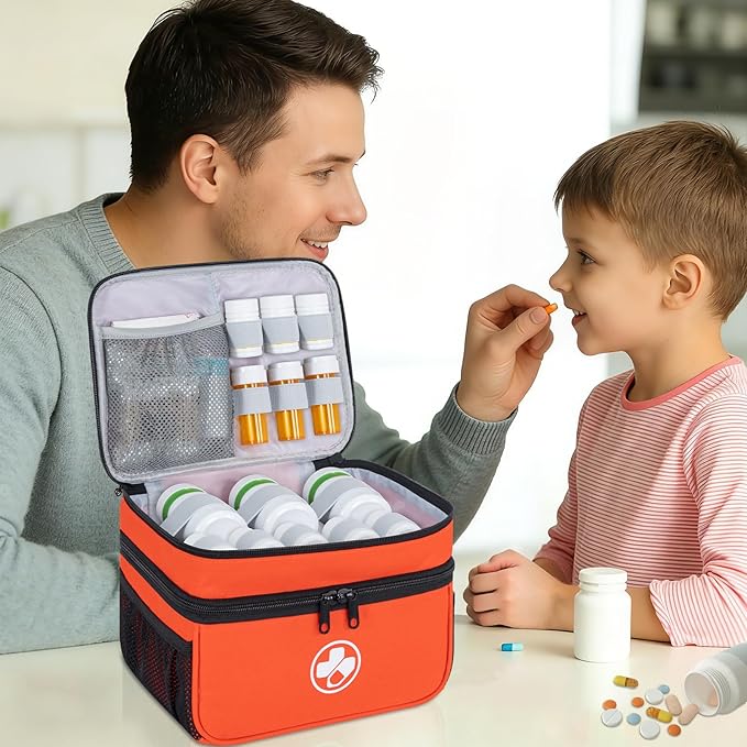 Dual Layers Medicine Organizer Bag, Pill Bottle Organizer Storage with Lockable Zipper, Lockable Medicine Travel Case for Pills, Vitamins, Medical Supplies, Orange（Lock not Included）