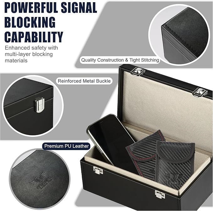 Premium Faraday Box with 2 Faraday Pouches for Car Keys - RFID Signal Blocking Box, Keyless Entry Key Fob Protector, Anti-Theft Signal Blocker for Car Security with PU Leather Design [Large Capacity]