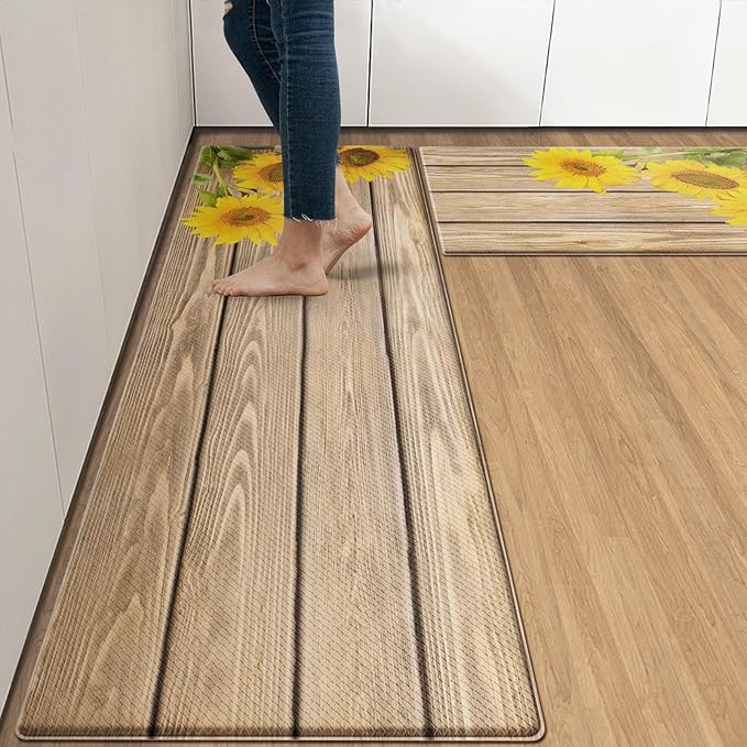 Anti-Fatigue Sunflower Kitchen Rug Set of 2 Cushioned Wooden Background Mat for Floor, Standing Waterproof Non-Slip Rug PVC Ergonomic Comfort Foam Kitchen Decor