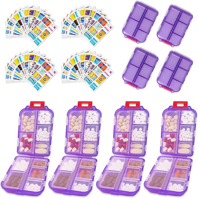 4PCS 7-Day Pill Organizer with Labels – Compact Daily Medication Case | Travel-Sized (3.7" x 2.4") Secure Lock | AM/PM Compartments | Includes 300+ Common Medicines Vitamins Health Product Sticker