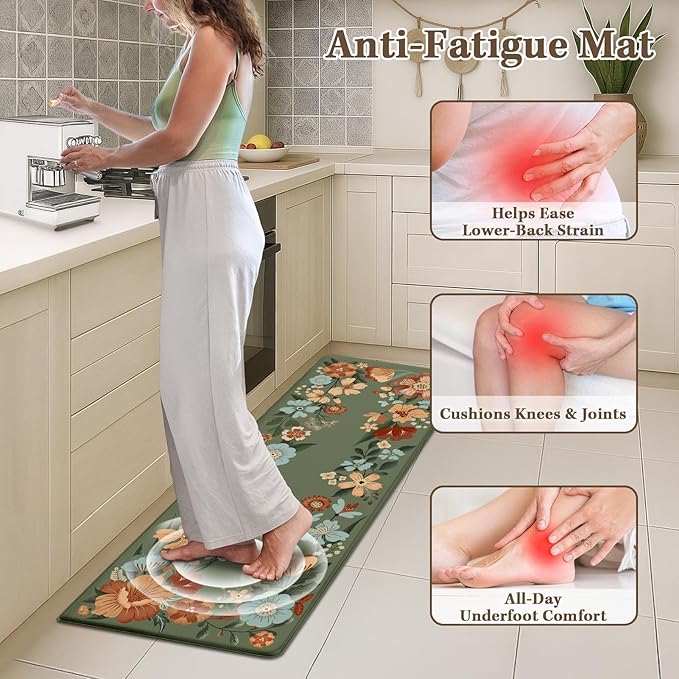 Arttown Kitchen Mats for Floor 2Pcs-Anti Fatigue Non Slip Mats for Kitchen Floor, Cushioned Waterproof & Stain-Resistant Green Plants Floral Mat Set, Laundry Room, Office, Sink, Desk (Dark Green)