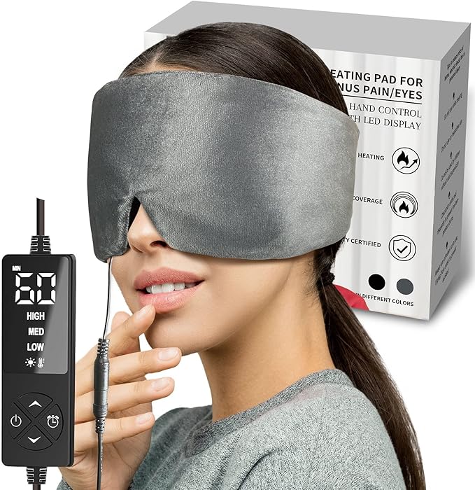 sticro Heated Eye Mask with Extra Large Size for Dry Eyes and Sinus Pressure Relief, Ultra Soft Face Heating Pad for Tension Headache Relief, Jaw TMJ Pain Relief - 3 Heat & 5 Timing Settings (Gray)