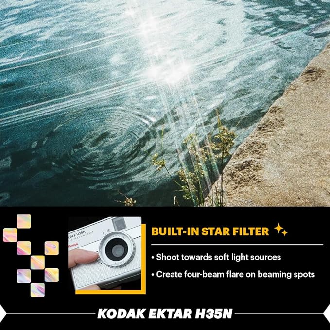 Kodak EKTAR H35N Half Frame Film Camera, 35mm, Reusable, Focus-Free, Bulb Function, Built-in Star Filter, Coated Improved Lens (Film & AAA Battery are not Included) (Striped Black)