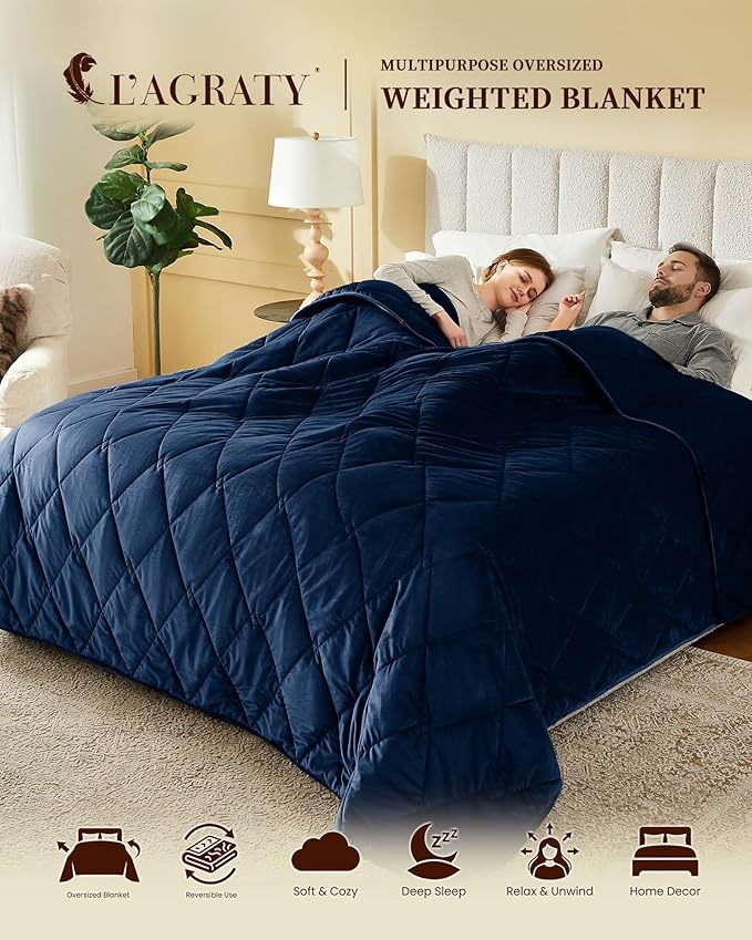 L'AGRATY King Size Weighted Blanket for Adults 30lbs, 88"x104" — Cooling Breathable Heavy Blanket with Glass Beads for Sleeping Perfect Hot Sleepers & Couples Machine Washable All-Season Navy Blue