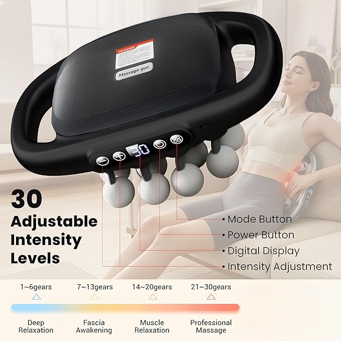 OMEO 16-Head Deep Tissue Massage Gun – Professional Percussion Massager with 30 Intensities & Quiet Motor | Portable Muscle Massager for Pain Relief, Neck, Back, Shoulders & Legs (Black)