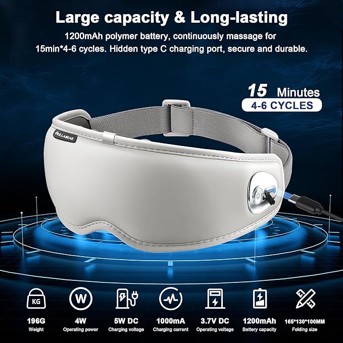 Eye Massager with Heat, 5 Massage Modes, Bluetooth Music, Soft Lightweight Foldable & Portable, IP65 Waterproof Sleep Mask, Gifts for Eye Care Strain Relief and Relaxation