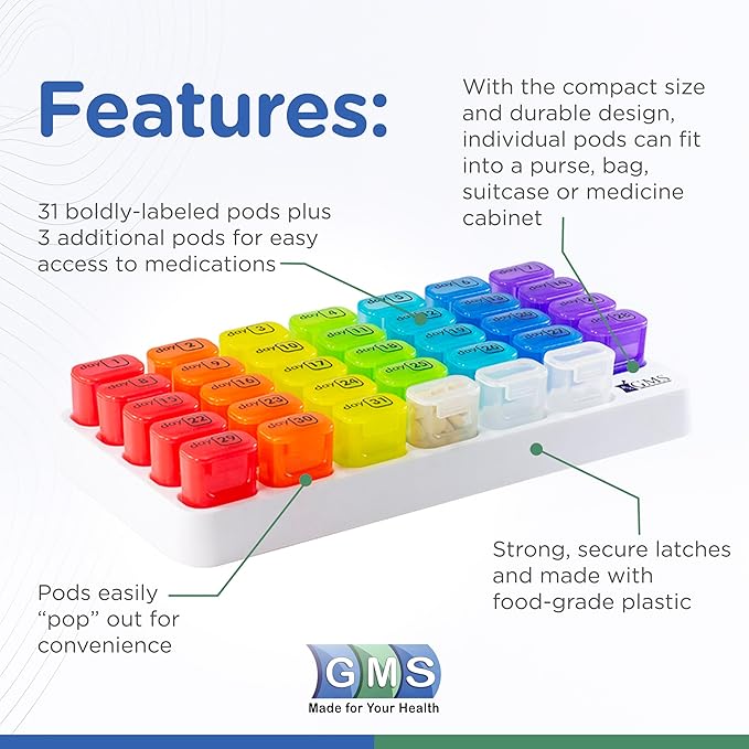 Monthly Pill Organizer - 31 Day Pop Out Pill Pods for Supplements, Vitamins & Medications - Ideal for Daily Use & Travel - Rainbow