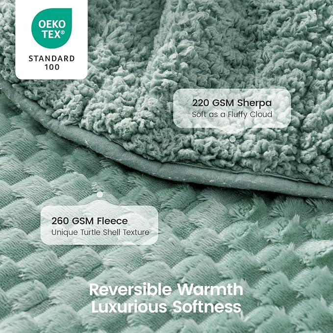 Super Fuzzy Soft Fleece Sherpa Weighted Blanket 15 lbs for Adults, 3D Imitation Turtle Shell Luxury Weighted Throw for Better Sleep, Dual Sided Cozy Heavy Blankets for Couch Bed, Sage Green, 48" x 72"