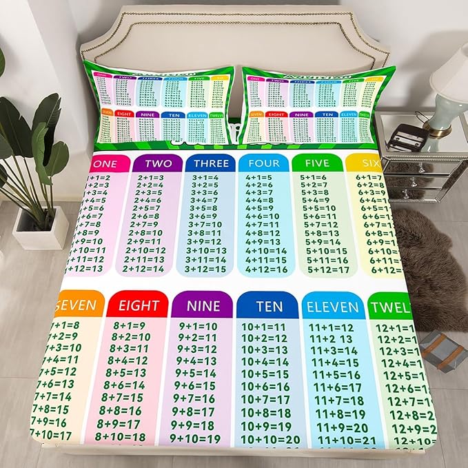Feelyou Kids Educational Bed Sheet Set Full Size, Addition Bedding Set Math Learning Fitted Sheet Boys Girls Kindergarten Teens Bedroom Decor Lightweight Bed Set (No Flat Sheet)