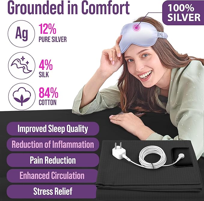 Earth Grounding Sheets Full Size with 12% Silver Fiber & 4% Silk & 84% Cotton - Black - Quality Certified Grounded Well Bed Sheet - Conductive Fitted Sheet for Better Sleep