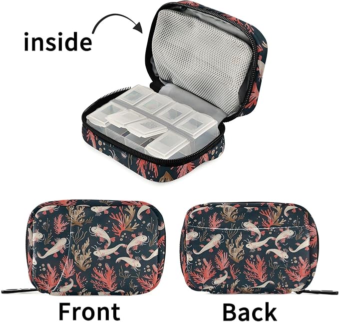 Cute Axolotls and Sea Plants Travel Pill Box Organizer 7 Day Weekly Pill Case Portable Travel Vitamin Box Organizer