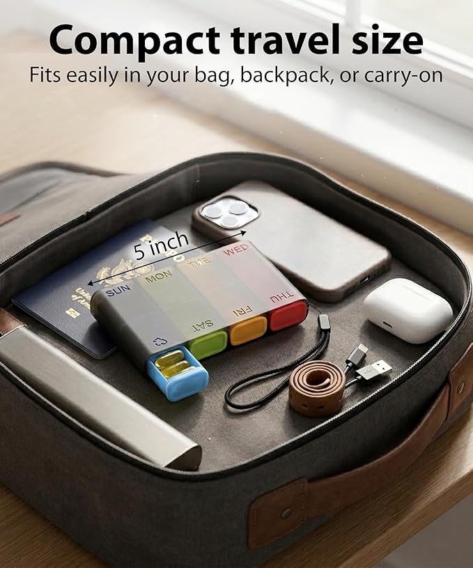 Travel Pill Organizer – Weekly Case for Once-Daily Use, Compact Pill Box 7 Day for Purse, Smooth Slide-Out Access, 8 Compartments for Daily Vitamins and Supplements, Easy to Use at Home or On the Go