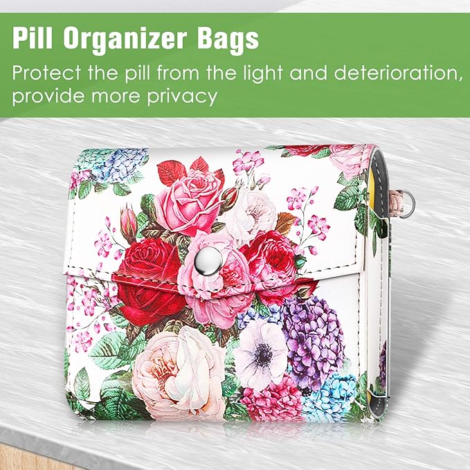 FINPAC Weekly Pill Organizers 4 Times A Day, Slide Open PU Leather Case Travel Pill Vitamin Medicine Reminder and Planner with Name Card for Morning| Afternoon| Evening| Bedtime (Flower Festival)