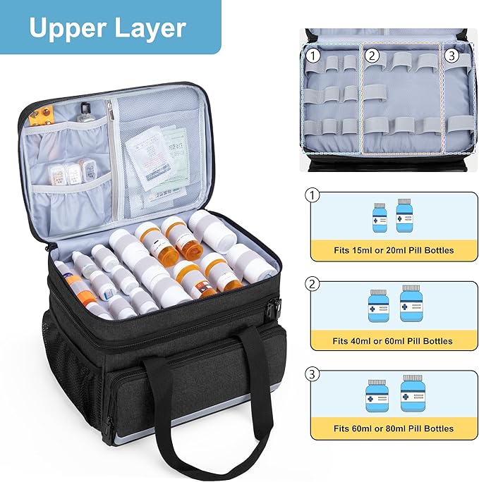 CURMIO Double Layers Pill Bottle Organizer Bag Empty, Medicine Organizer Storage Case with Lockable Zippers, Medication Travel Bag for Prescription Bottles, Medical Supplies, Black (Patent Design)
