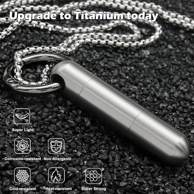 Extended Small Pill Case Necklace Titanium Mini Pill Case with Necklace Chain Tiny Pill Container for Men Waterproof Pill Holder Emergency Aspirin & Nitro Pill Case