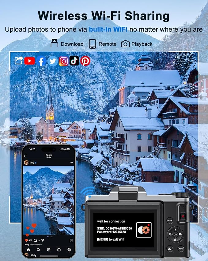 4K Digital Camera for Beginners & Teens with WiFi, 64MP Compact Autofocus Camera with 32Gb Card for Travel Vlogging Camera for YouTube, 180° Flip Screen Selfie Camera, Includes 2 Batteries