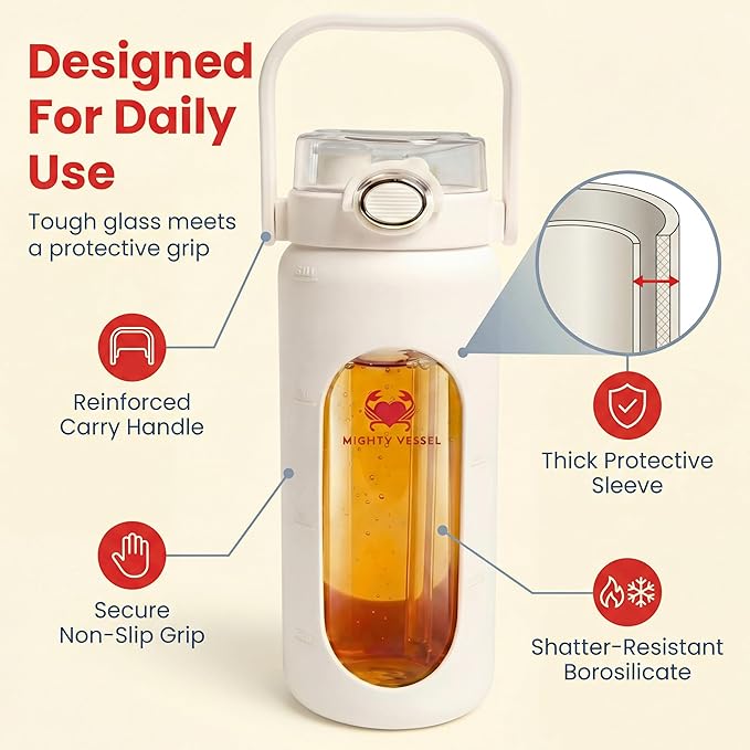 32 oz Glass Water Bottle – White | Leakproof Borosilicate Design with Time Markers, Silicone Sleeve & Flip Straw – Lightweight for Gym, Travel, Work